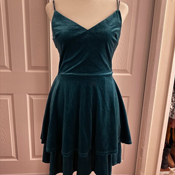 Teal Velvet Tiered Mini Dress – Adjustable Straps, Criss-Cross Back (Size S) - Picture 1 of 6